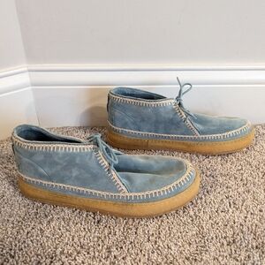 Anthropologie Blue Suede Ankle Booties with Tan Crepe Sole